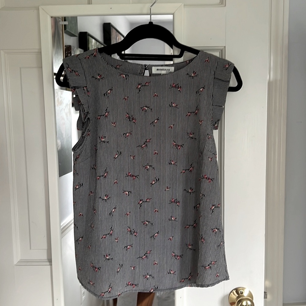 Monteau striped pink bird pattern blouse with fun shoulder detail